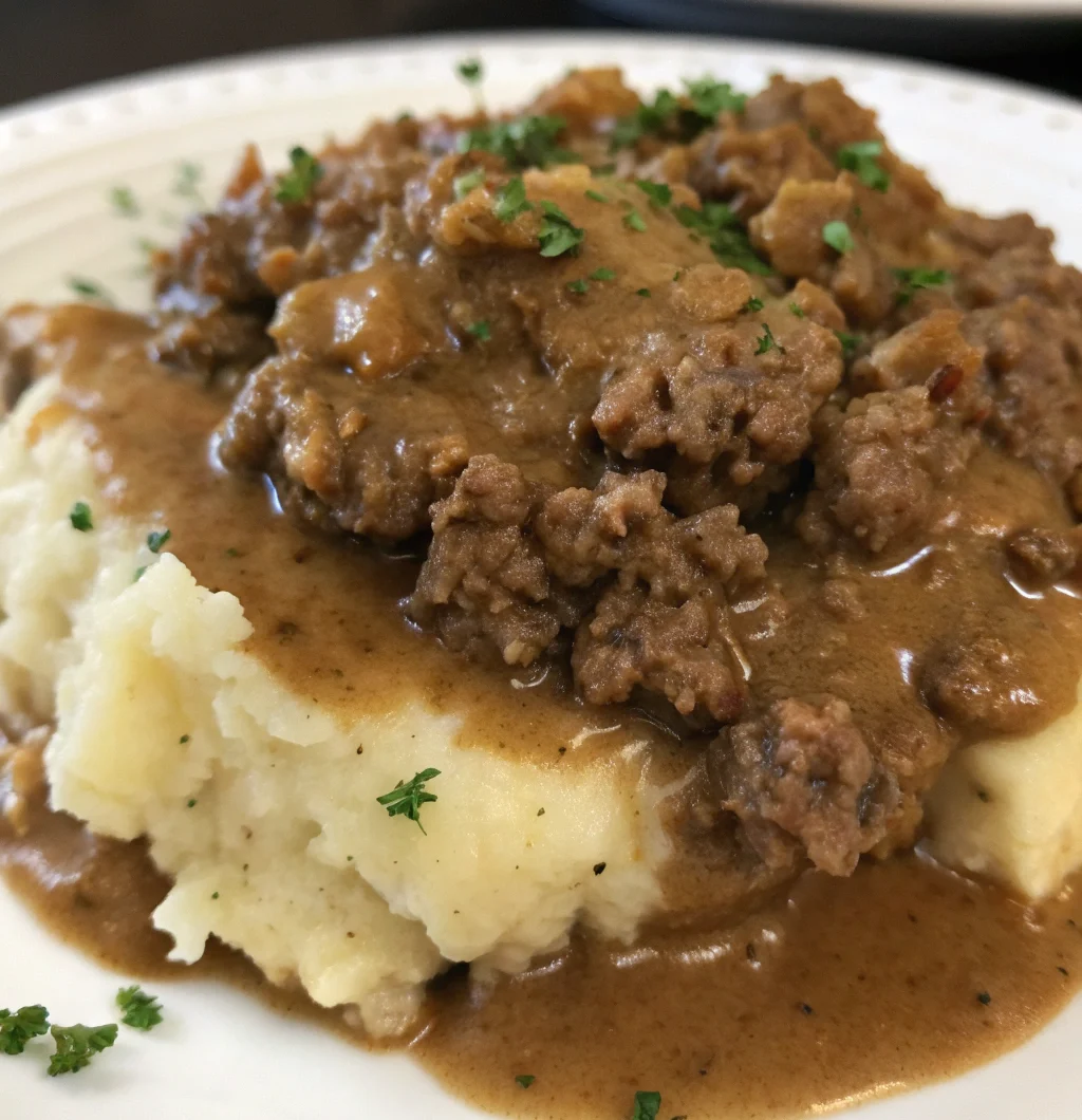 Ground Beef and Gravy with Mashed