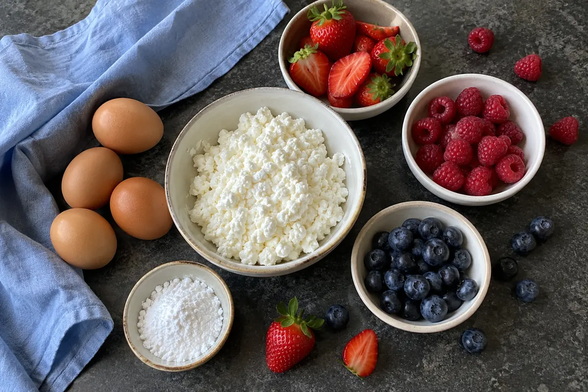 2-Ingredient Healthy Cheesecake – ingredients for the cheesecake with a bowl of cottage cheese, four eggs and fresh berries