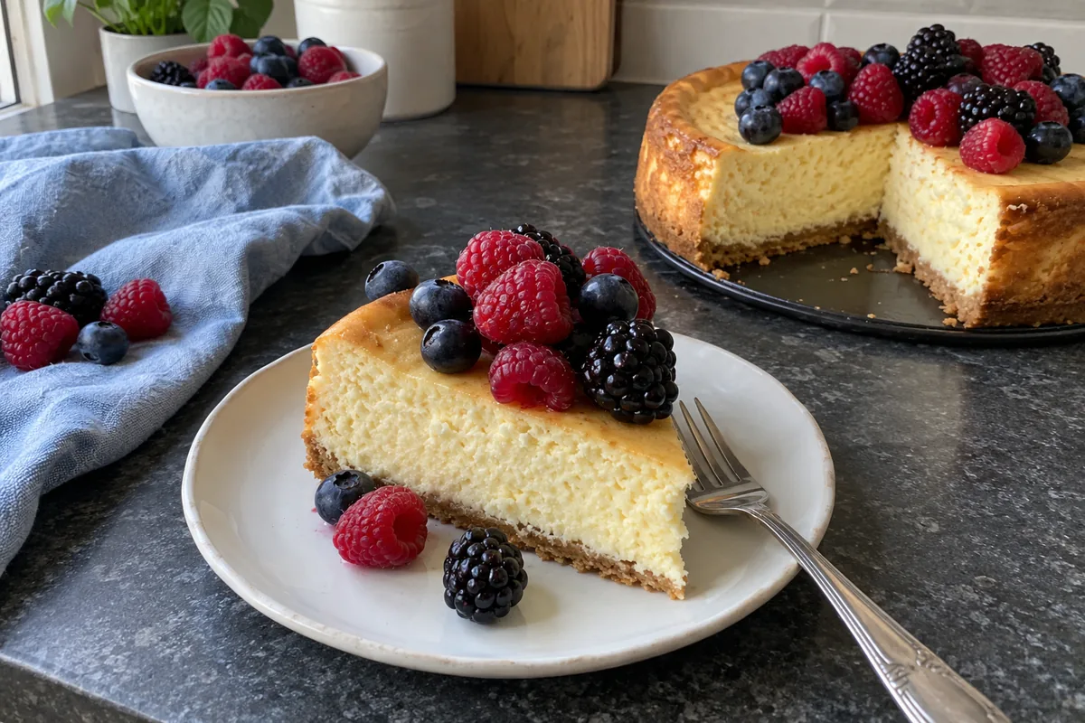 2-Ingredient Healthy Cheesecake – a slice of light airy cottage cheese cheesecake with berries on a small plate