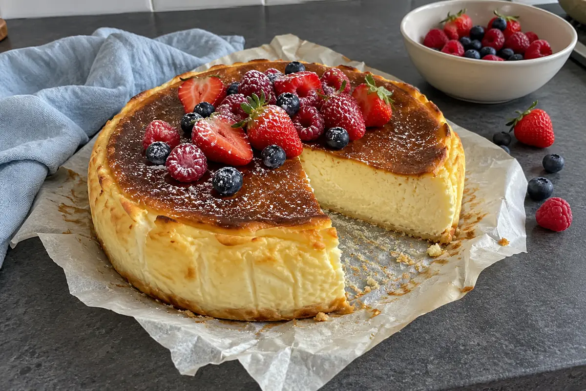 2-Ingredient Healthy Cheesecake – golden crustless cottage cheese cheesecake topped with strawberries, raspberries and blueberries