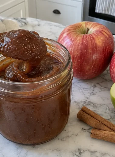 Homemade Apple Butter – a glass jar of dark amber apple butter with a spoon, fresh apples and cinnamon sticks