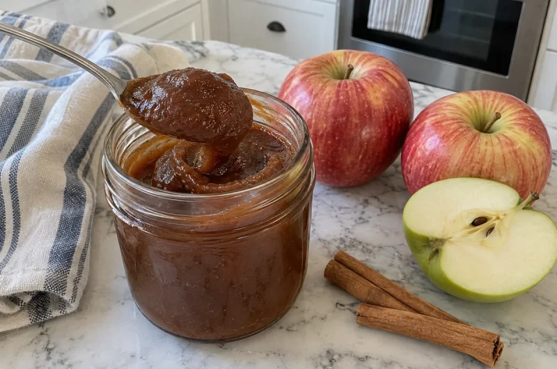 Homemade Apple Butter – a glass jar of dark amber apple butter with a spoon, fresh apples and cinnamon sticks