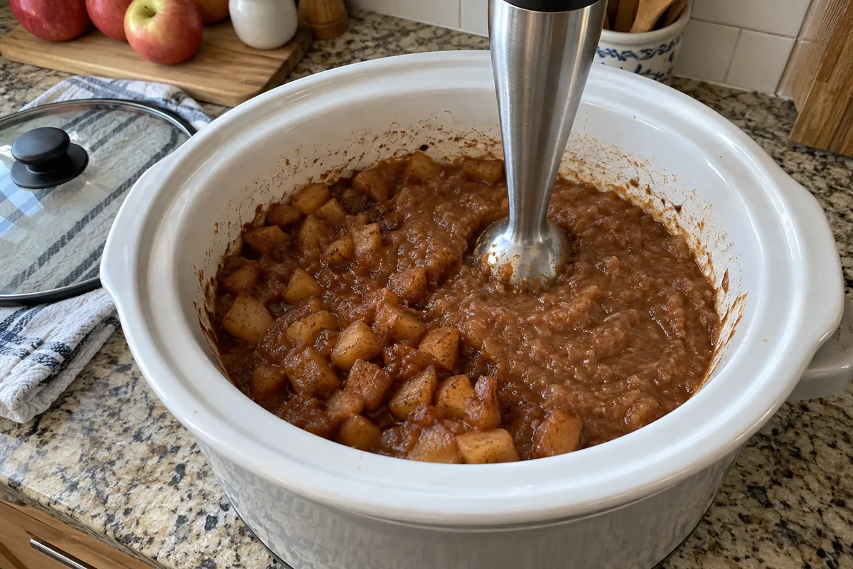 Homemade Apple Butter – blending cooked spiced apples until smooth in a slow cooker