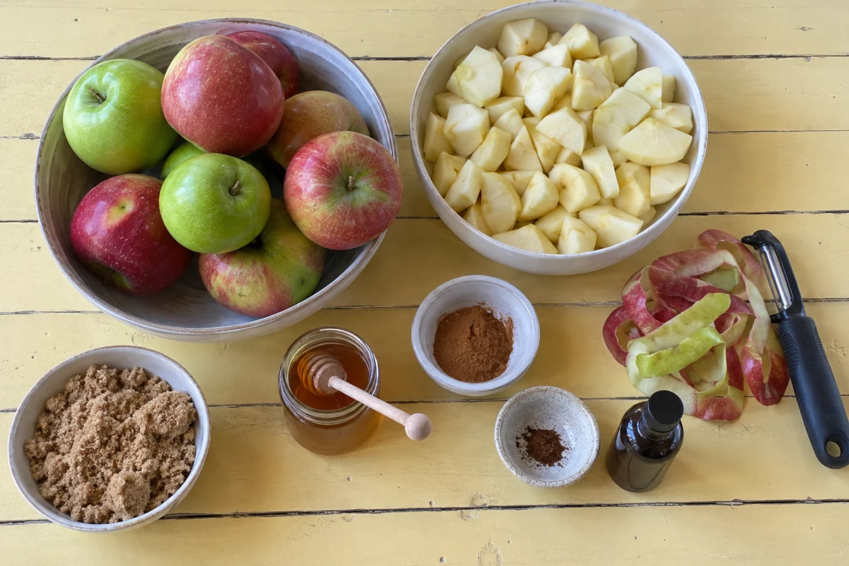 Homemade Apple Butter – ingredients with apples, brown sugar, honey, cinnamon, cloves and vanilla