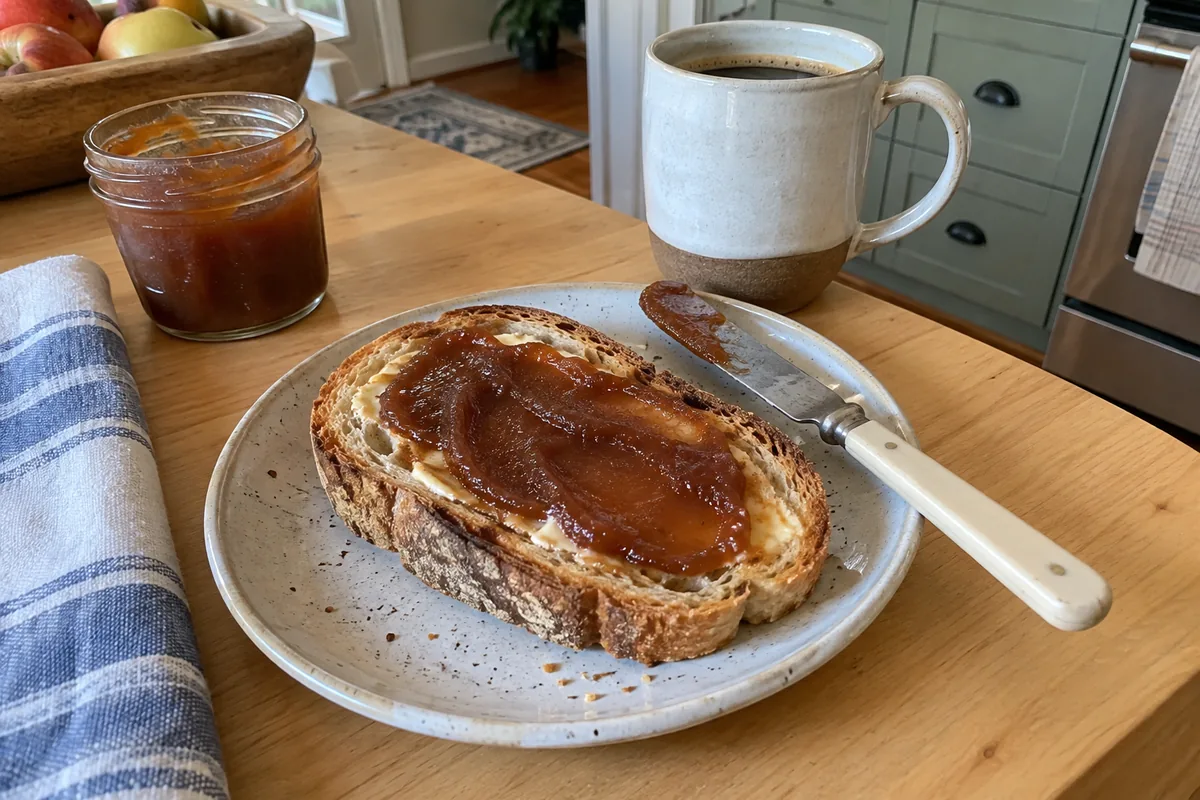 Homemade Apple Butter – apple butter spread thickly on a slice of buttered toast