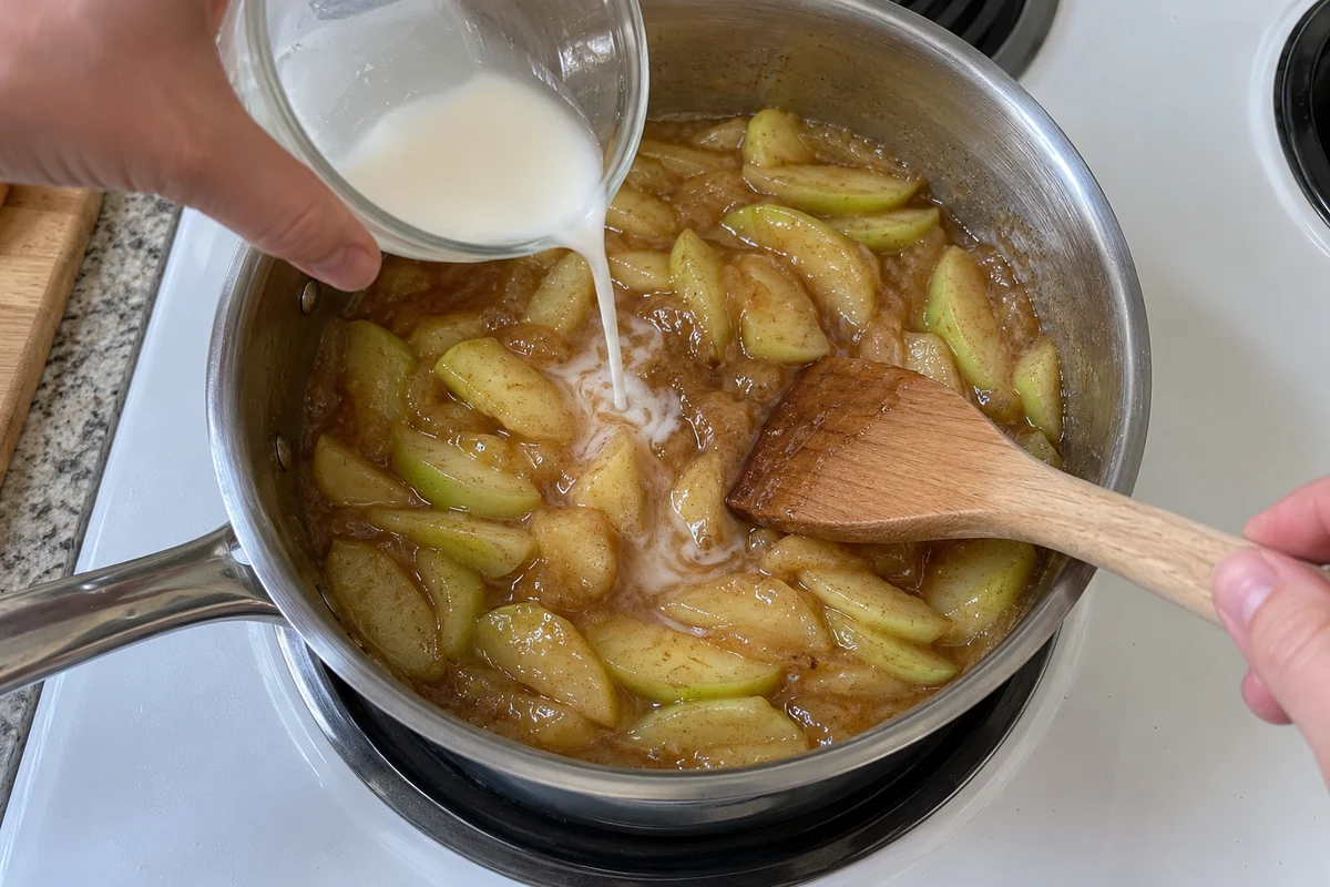 Apple Pie Filling Recipe - stirring cornstarch slurry into simmering Granny Smith apple slices in a saucepan