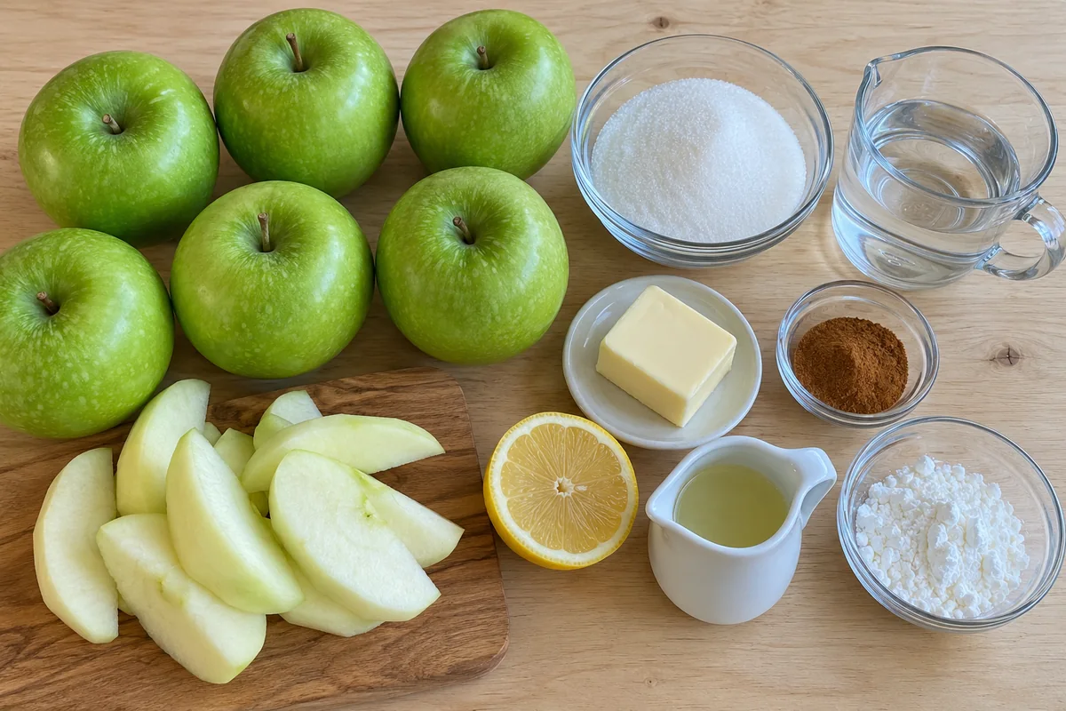 Apple Pie Filling Recipe - ingredients with Granny Smith apples, sugar, water, butter, cinnamon, lemon juice and cornstarch