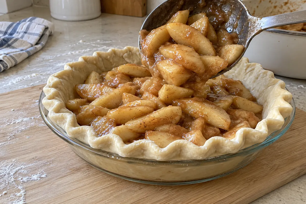 Apple Pie Filling Recipe - homemade apple pie filling spooned into an unbaked pie crust in a glass pie dish