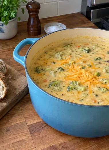 Broccoli Cheddar Soup Recipe - a pot of creamy broccoli cheddar soup with a ladle and shredded cheddar on top
