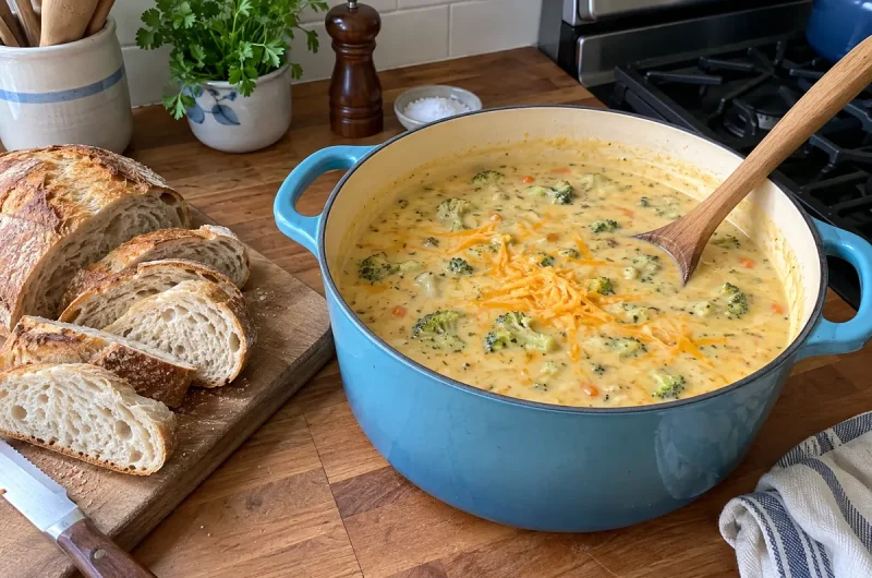 Broccoli Cheddar Soup Recipe - a pot of creamy broccoli cheddar soup with a ladle and shredded cheddar on top