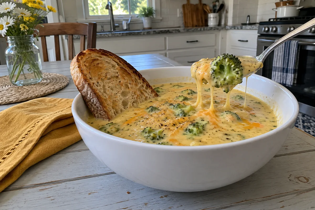 Broccoli Cheddar Soup Recipe - a bowl of broccoli cheddar soup with a piece of toasted sourdough dipped in