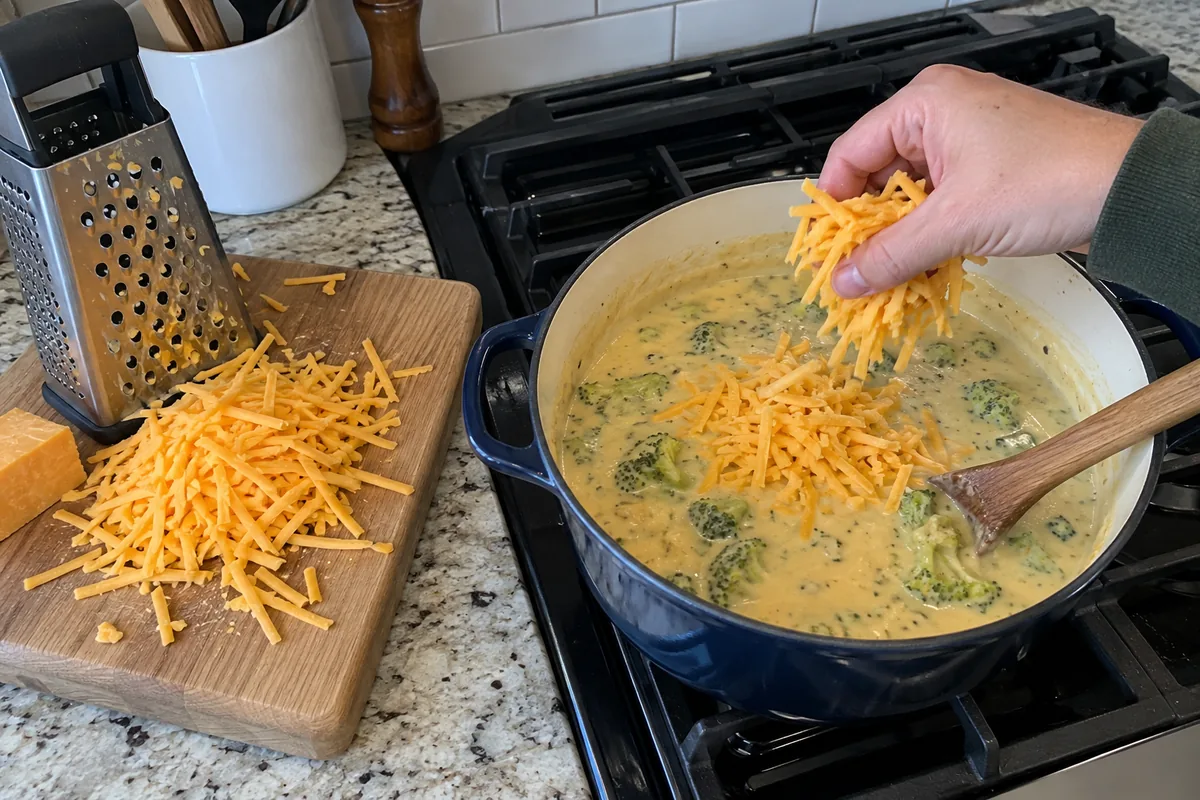 Broccoli Cheddar Soup Recipe - stirring shredded sharp cheddar into the simmering broccoli soup