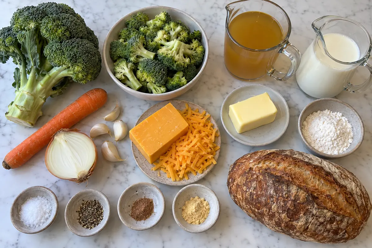 Broccoli Cheddar Soup Recipe - ingredients with broccoli, carrot, onion, garlic, butter, flour, broth, half-and-half and cheddar