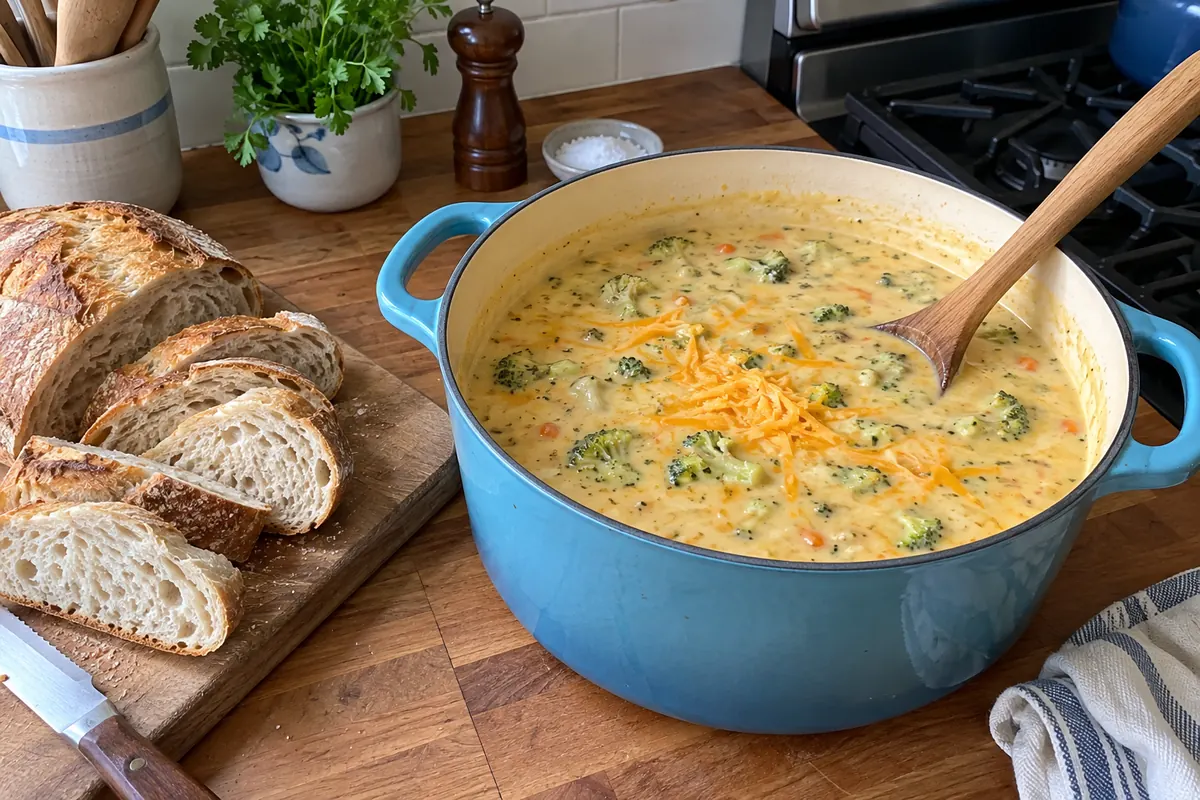 Broccoli Cheddar Soup Recipe - a pot of creamy broccoli cheddar soup with a ladle and shredded cheddar on top