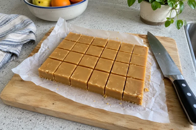 Butterscotch Fudge - creamy golden squares of butterscotch fudge on a parchment-lined wooden board