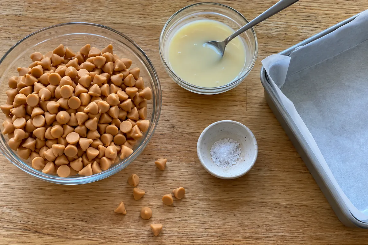 Butterscotch Fudge - ingredients with butterscotch chips, sweetened condensed milk and salt
