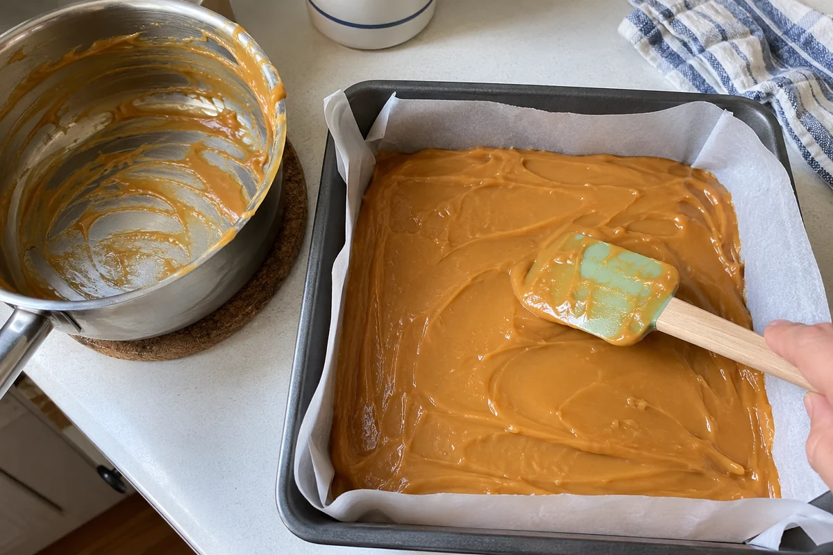 Butterscotch Fudge - smooth melted butterscotch mixture being spread into a lined 8x8 pan