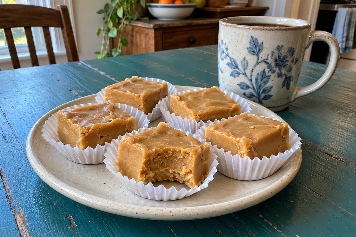 Butterscotch Fudge - a few squares of butterscotch fudge in paper candy cups on a small plate with a cup of coffee