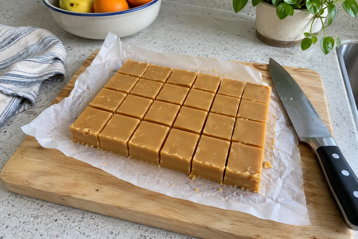 Butterscotch Fudge - creamy golden squares of butterscotch fudge on a parchment-lined wooden board