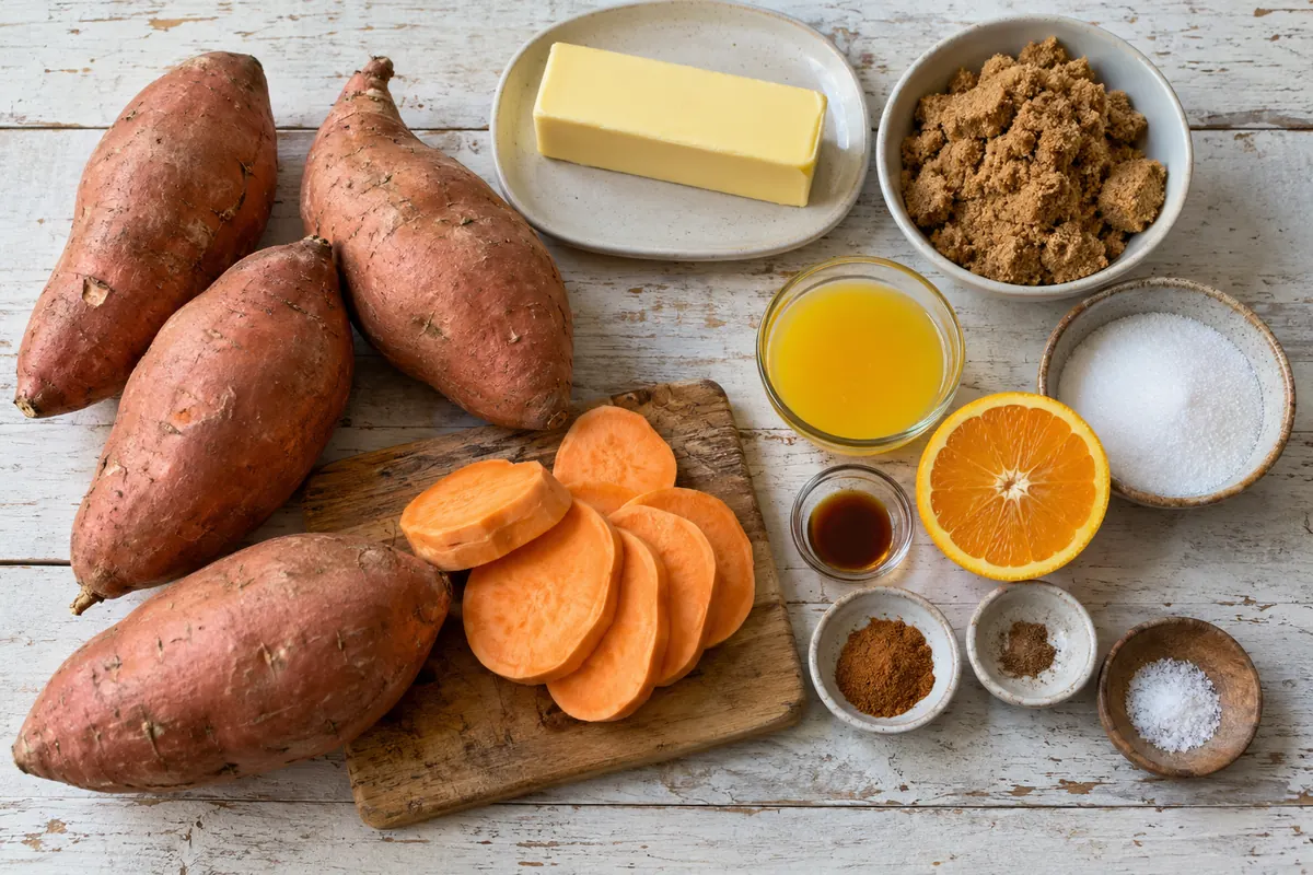 Southern Candied Yams Recipe - ingredients with sweet potatoes, butter, brown sugar, white sugar, cinnamon, nutmeg, salt, vanilla and orange juice