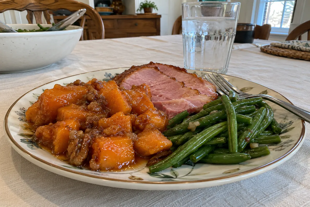 Southern Candied Yams Recipe - a serving of candied yams on a holiday dinner plate with sliced ham and green beans