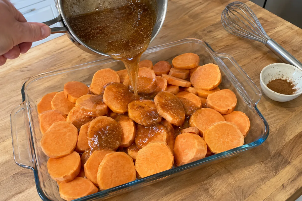 Southern Candied Yams Recipe - pouring buttery brown sugar syrup over sliced sweet potatoes in a baking dish