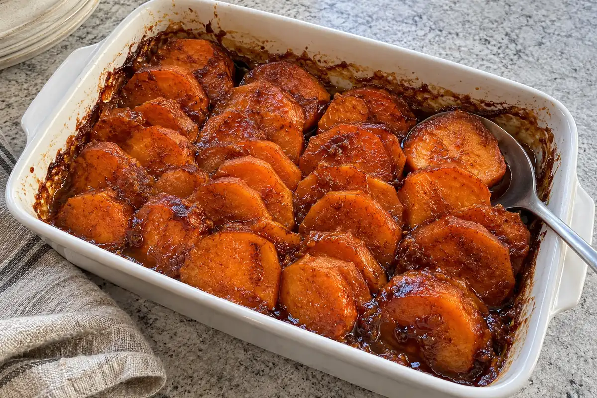 Southern Candied Yams Recipe - glossy candied sweet potato rounds in a white baking dish with brown sugar syrup