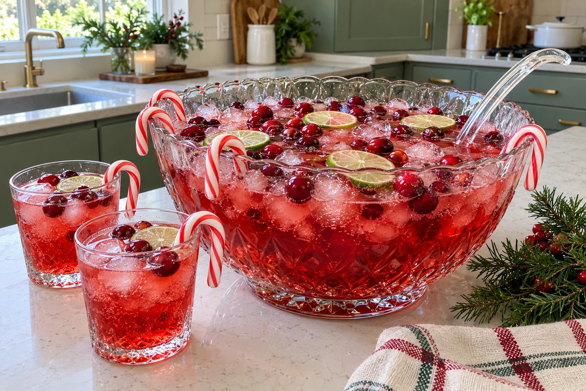 Candy Cane Christmas Punch – glass punch bowl with ice, cranberries, lime slices and mini candy canes