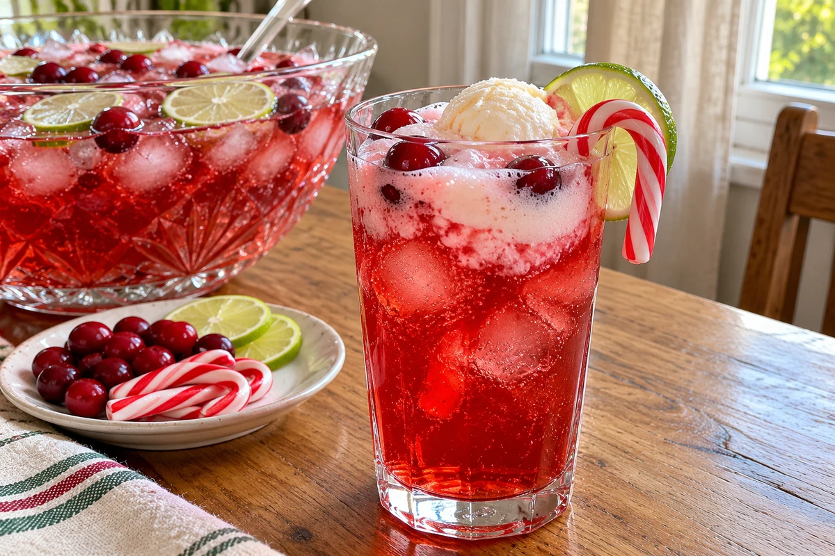 Candy Cane Christmas Punch – glass over ice with vanilla foam, a mini candy cane and a lime slice