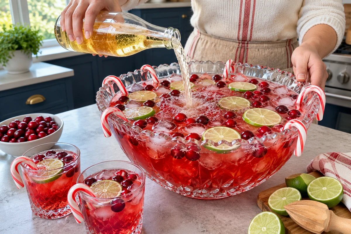 Candy Cane Christmas Punch – pouring ginger ale into cranberry and pineapple juice in a punch bowl