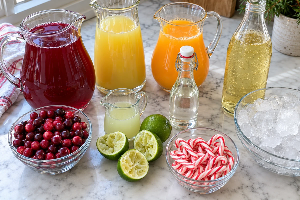 Candy Cane Christmas Punch – overhead view of the juices, peppermint syrup, ginger ale and candy canes