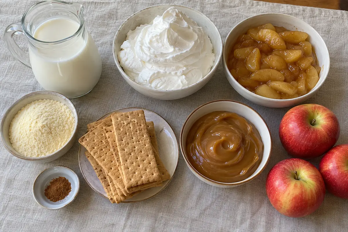No Bake Caramel Apple Eclair Cake – ingredients with pudding mix, milk, whipped topping, apple pie filling, cinnamon, graham crackers and caramel apple dip