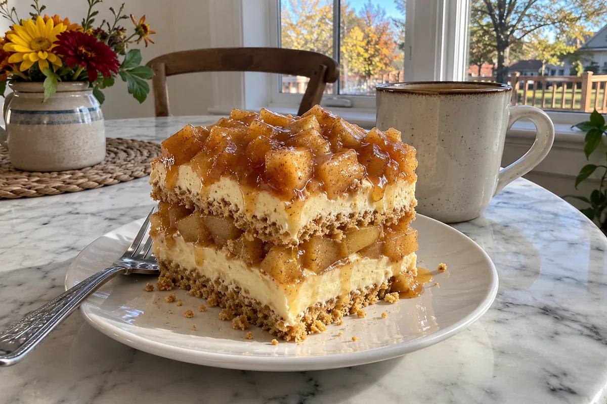 No Bake Caramel Apple Eclair Cake – a single slice showing graham cracker, vanilla pudding and cinnamon apple layers on a plate