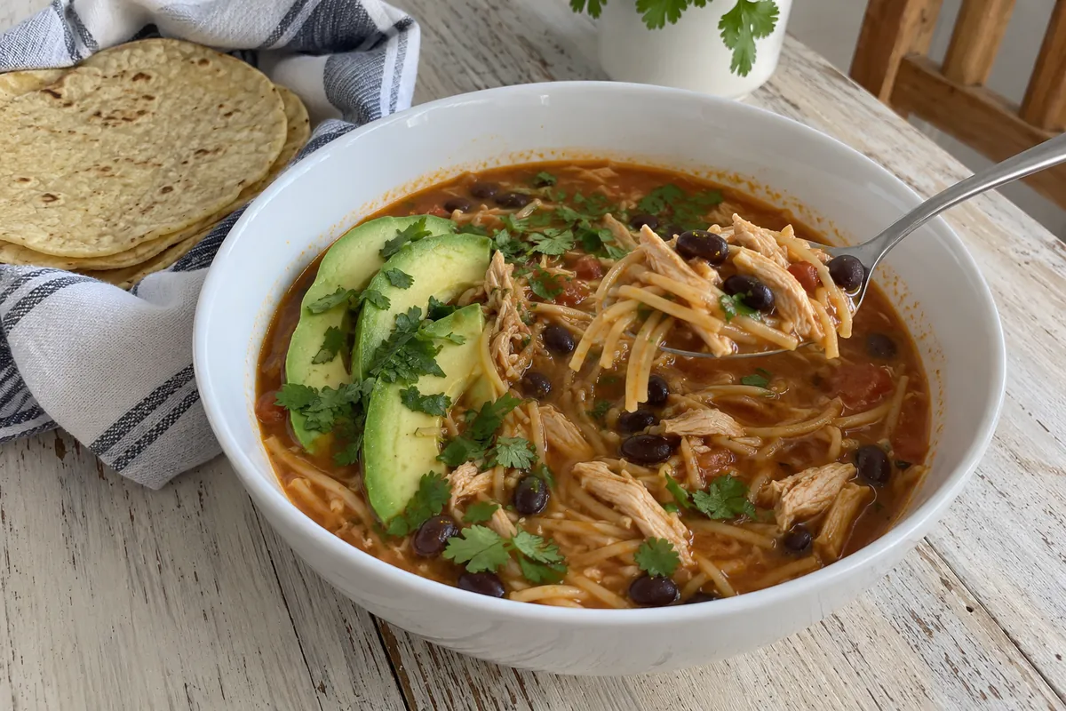 Chicken Fideo Soup – a bowl of chicken fideo soup topped with sliced avocado and cilantro