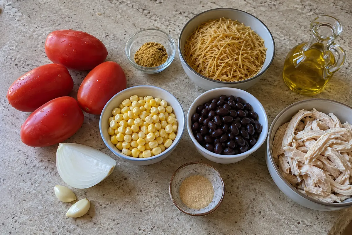 Chicken Fideo Soup – ingredients with roma tomatoes, onion, garlic, fideo noodles, corn, black beans and shredded chicken