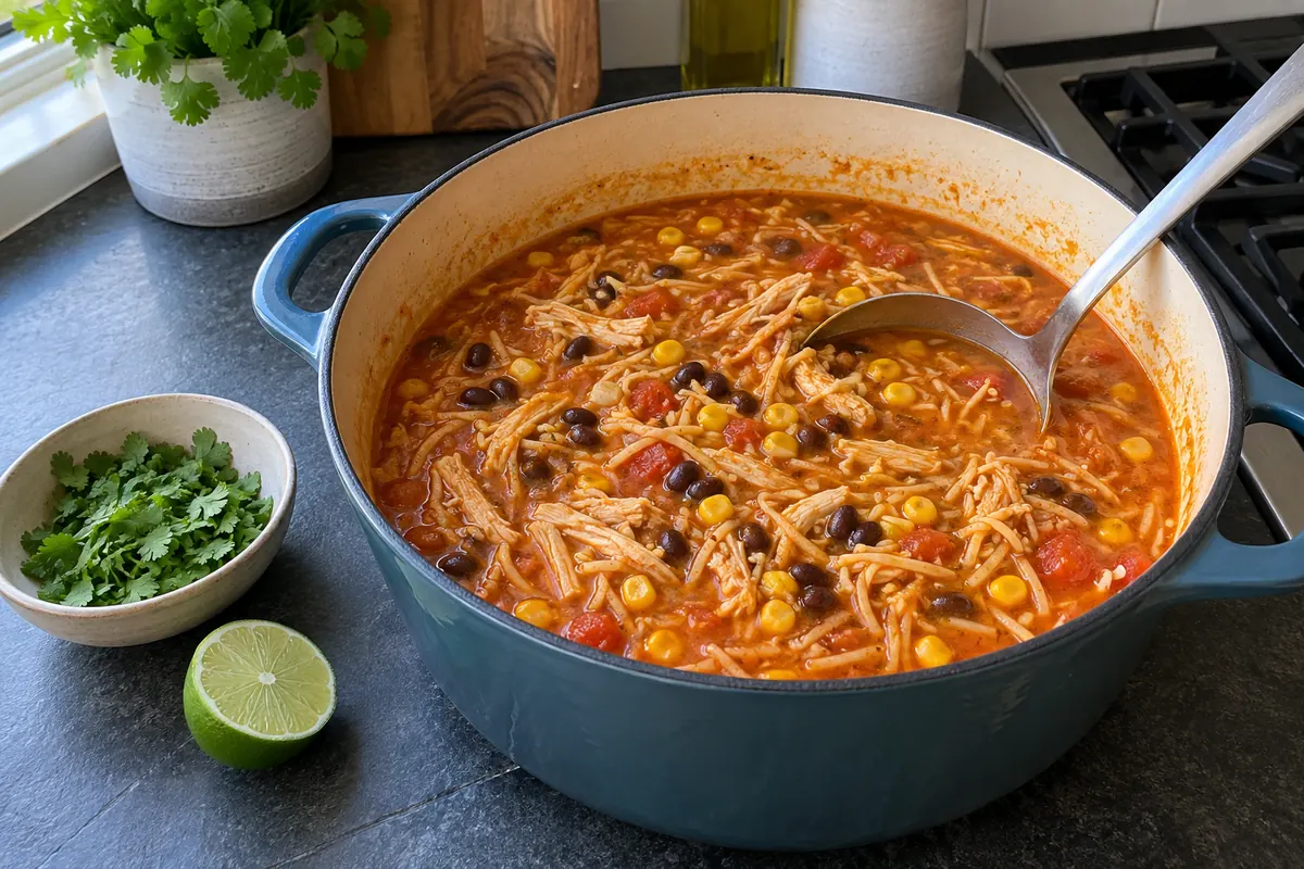 Chicken Fideo Soup – a pot of tomato broth with toasted fideo noodles, shredded chicken, corn and black beans
