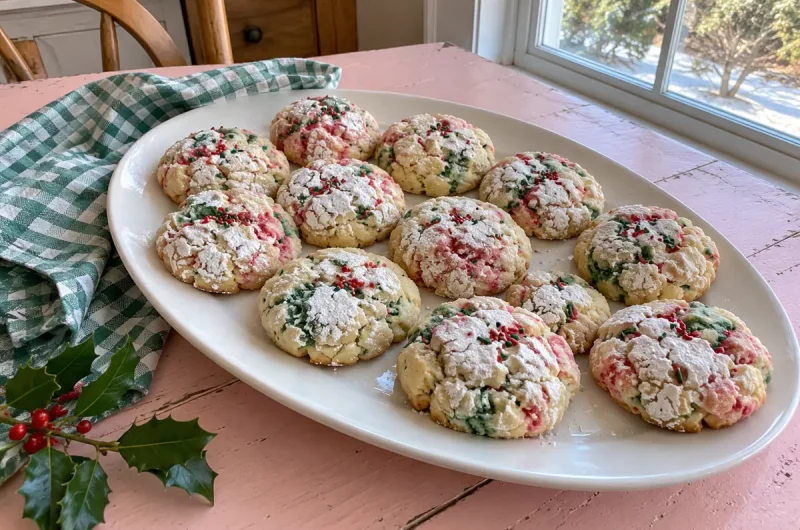 Christmas Gooey Butter Cookies – soft crinkled cookies with powdered sugar and red and green sprinkles on a white platter