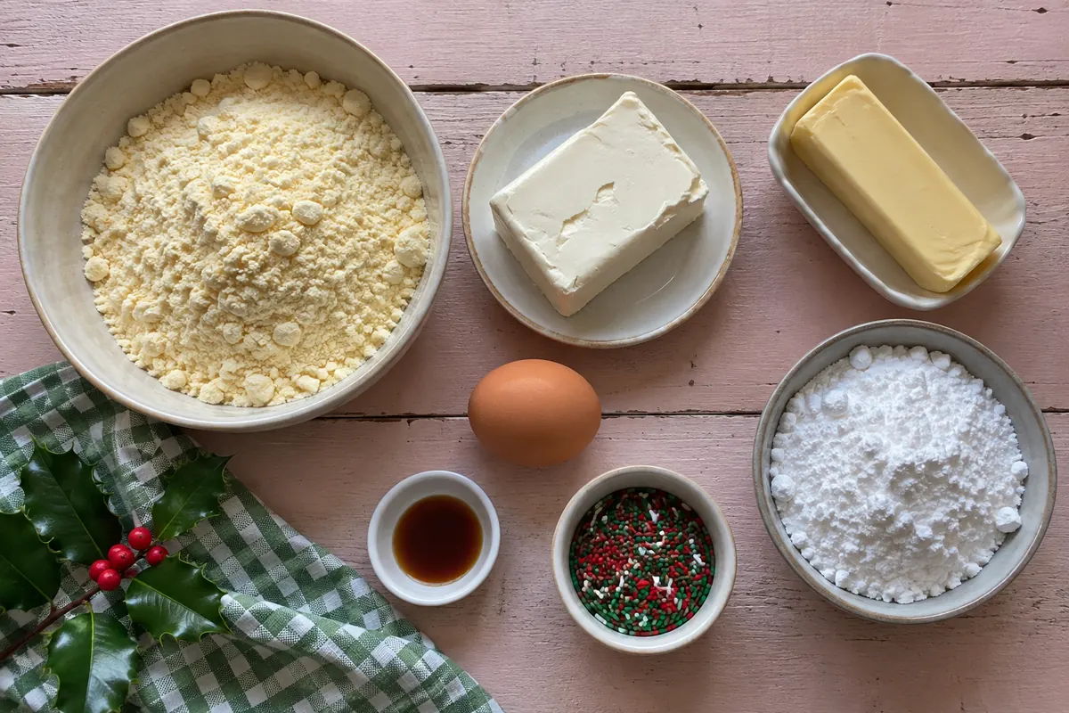 Christmas Gooey Butter Cookies – ingredients with cake mix, cream cheese, butter, egg, vanilla, sprinkles and powdered sugar