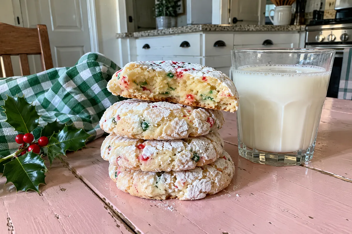 Christmas Gooey Butter Cookies – a stack of cookies with one broken open to show the soft gooey center