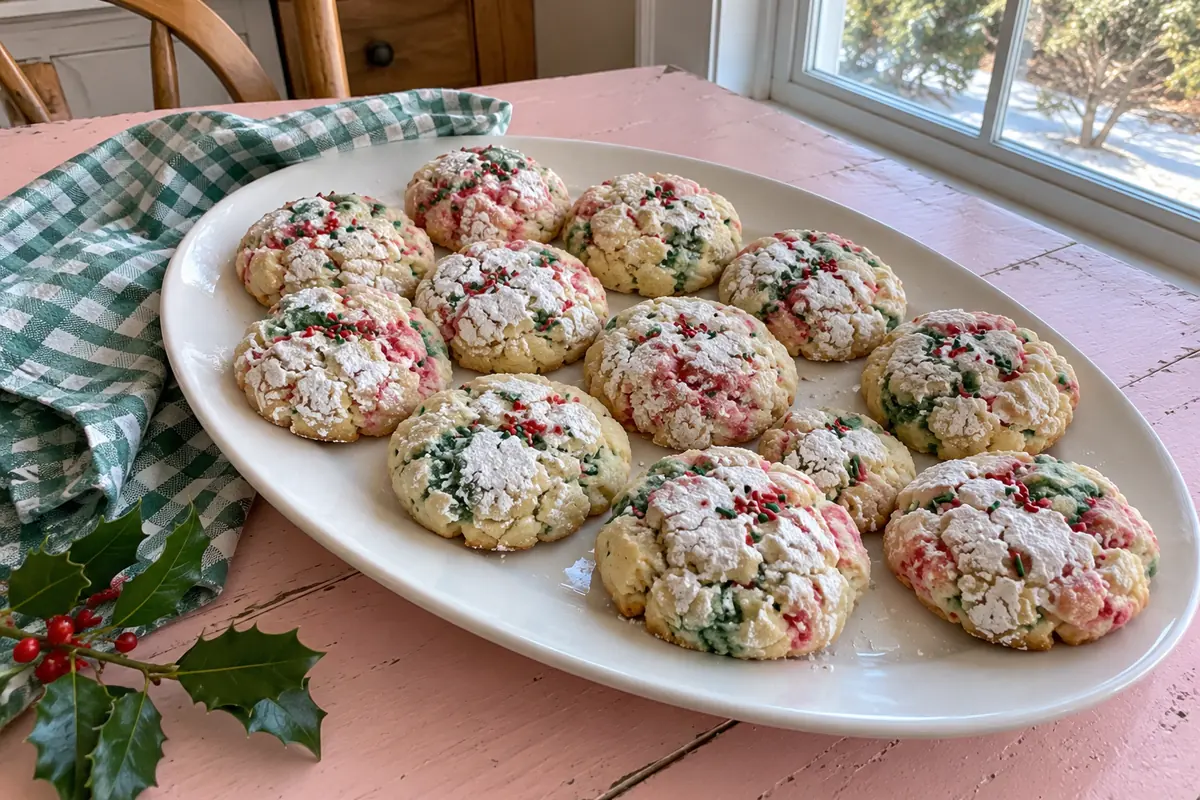 Christmas Gooey Butter Cookies – soft crinkled cookies with powdered sugar and red and green sprinkles on a white platter
