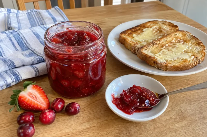 Merry Christmas Jam – an open jar of ruby-red strawberry cranberry jam with a spoon beside buttered toast