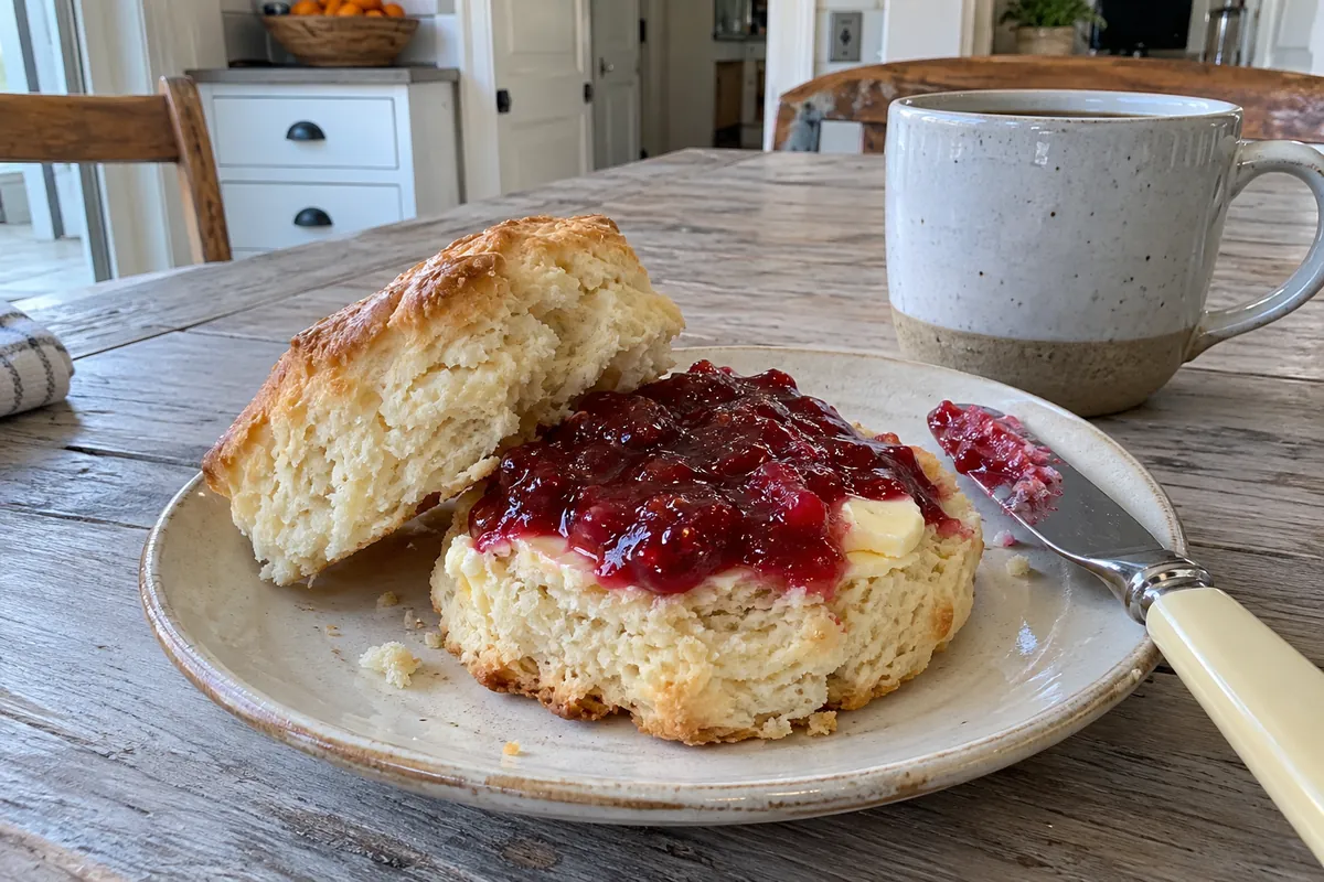 Merry Christmas Jam – a split biscuit spread with butter and strawberry cranberry jam on a small plate