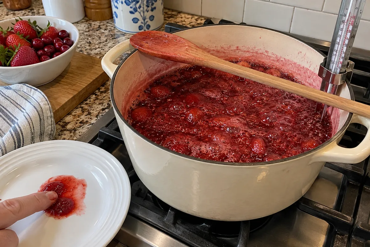 Merry Christmas Jam – strawberry cranberry jam boiling in a heavy pot with a cold-plate wrinkle test beside it