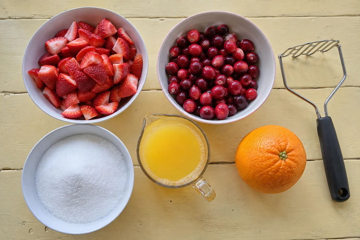 Merry Christmas Jam – strawberries, cranberries, white sugar and orange juice ready to cook