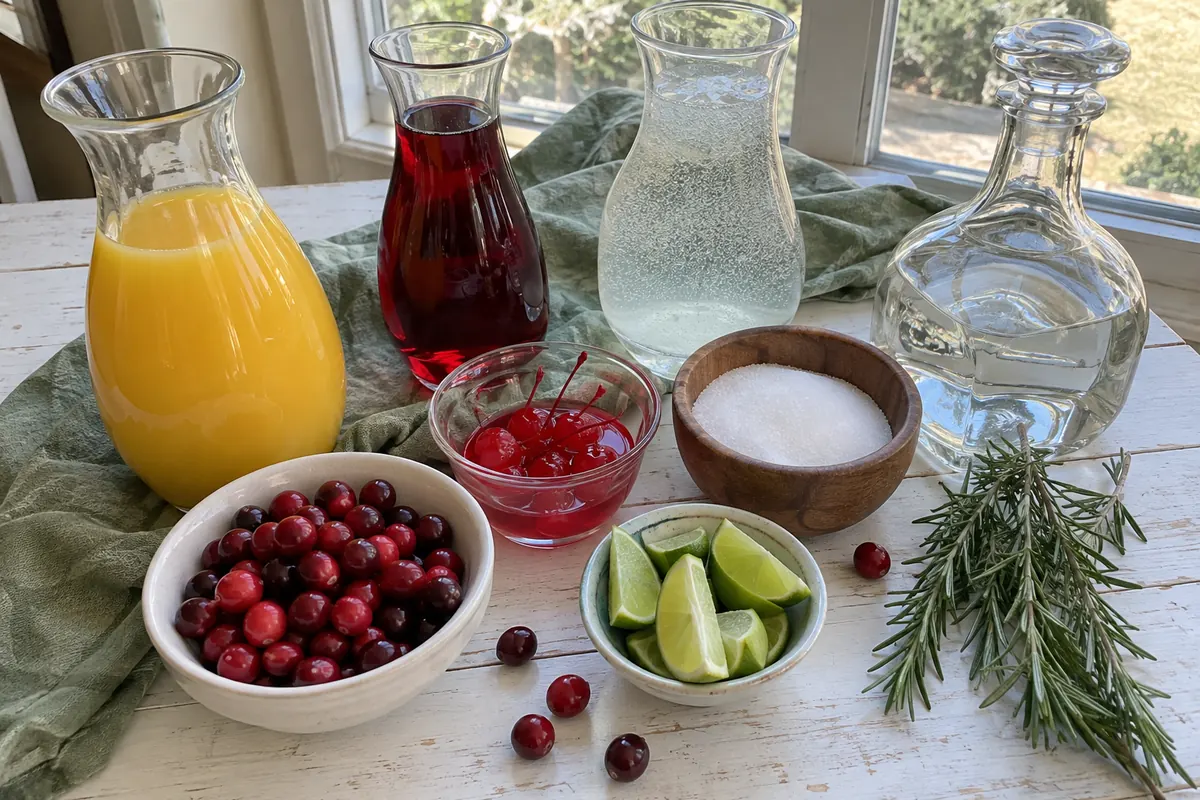 Christmas Mistletoe Margarita – ingredients with orange juice, cranberry juice, lemon-lime soda, tequila and maraschino cherry juice
