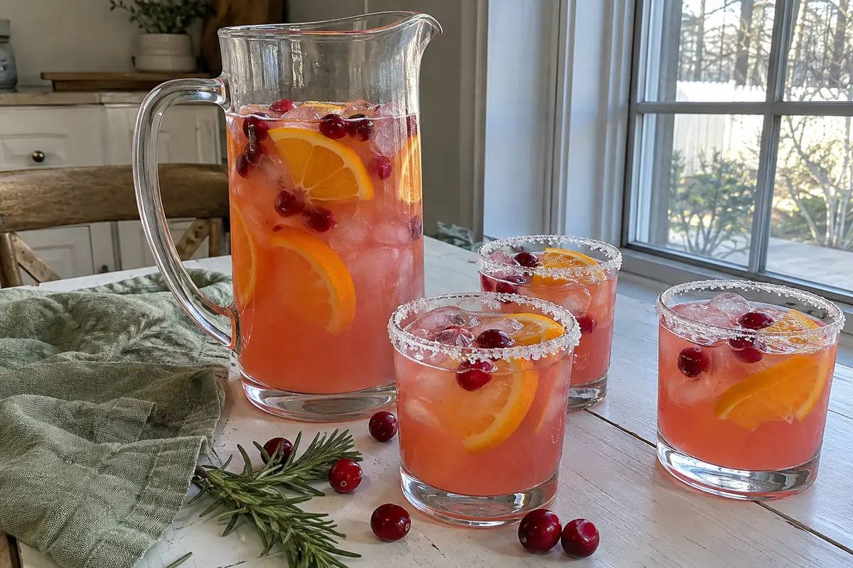 Christmas Mistletoe Margarita – a glass pitcher of pink cranberry margarita with filled glasses on a holiday table