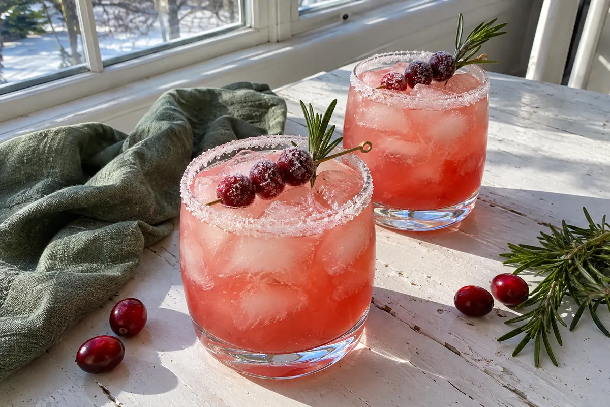 Christmas Mistletoe Margarita – pink holiday margarita in sugar-rimmed rocks glasses with sugared cranberries and rosemary