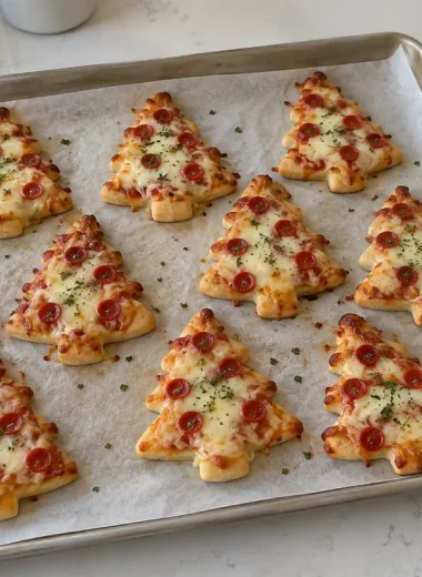 Christmas Tree Pizza – baked tree-shaped pizzas with melted mozzarella, mini pepperoni and parsley on a parchment-lined sheet