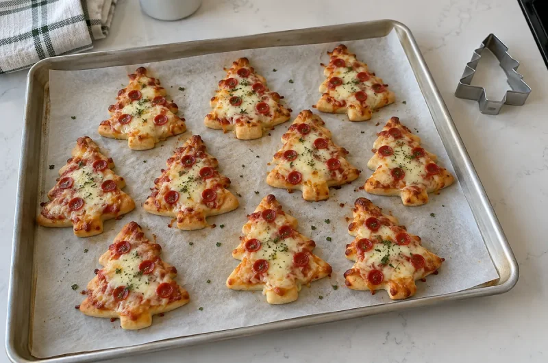 Christmas Tree Pizza – baked tree-shaped pizzas with melted mozzarella, mini pepperoni and parsley on a parchment-lined sheet