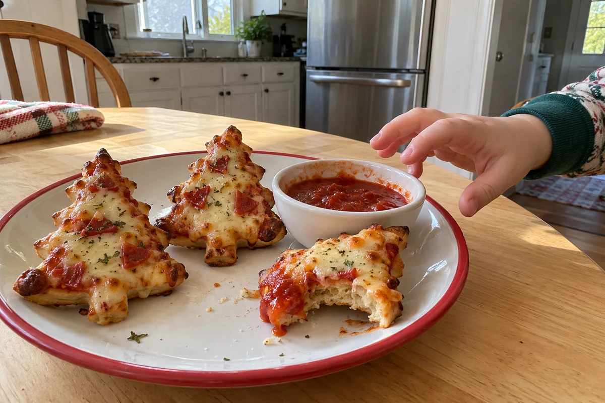 Christmas Tree Pizza – a few tree pizza bites on a party plate with a small bowl of marinara for dipping
